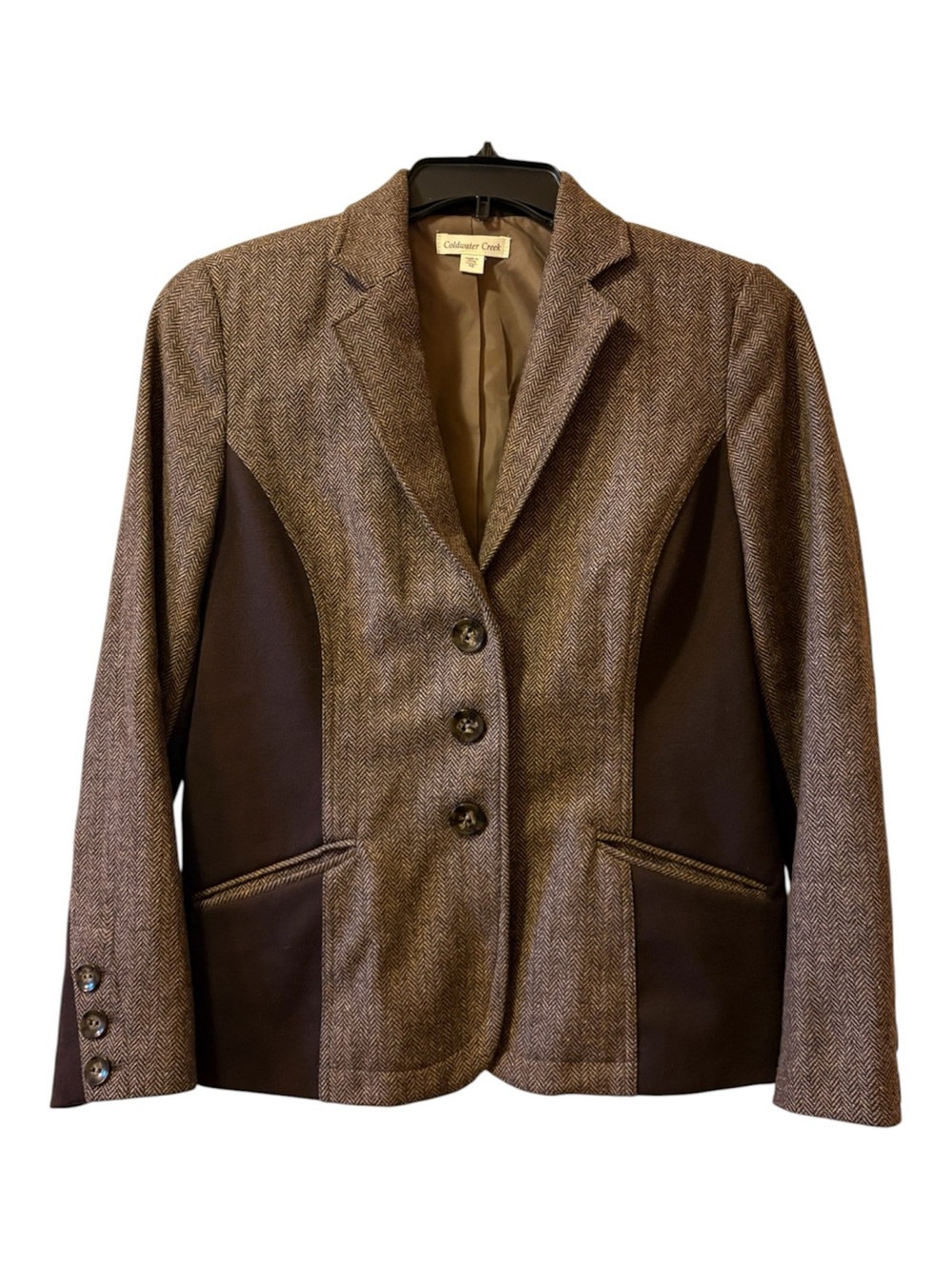 Coldwater Creek Brown Herringbone & Dark Brown Panel Blazer